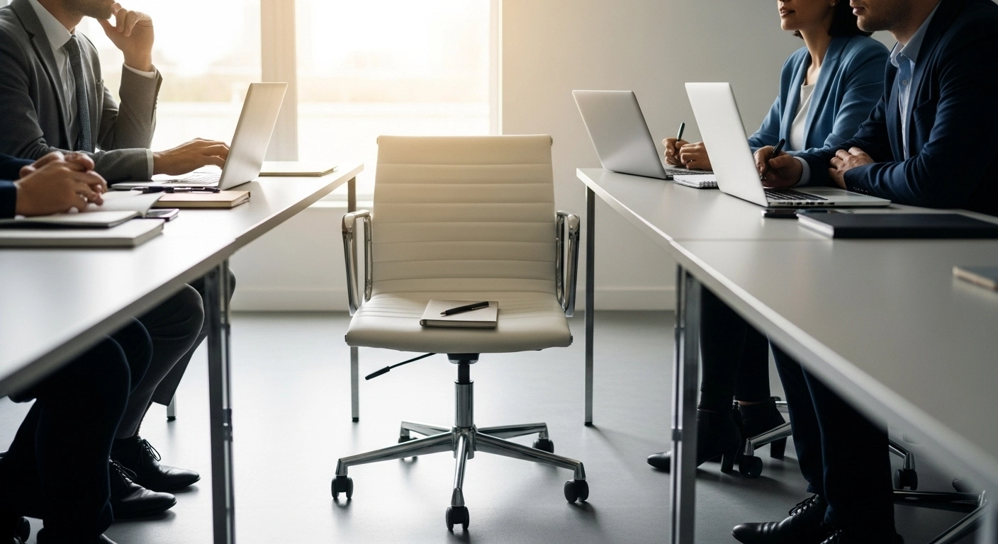 An empty chair in a business meeting, symbolizing a valuable employee who left and the gap their absence leaves behind