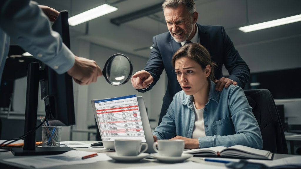 A tense office scene where a worried employee sits at her computer while a domineering manager hovers over her shoulder, pointing angrily at her screen as another colleague inspects her work with a magnifying glass, symbolizing intense micromanagement and pressure.