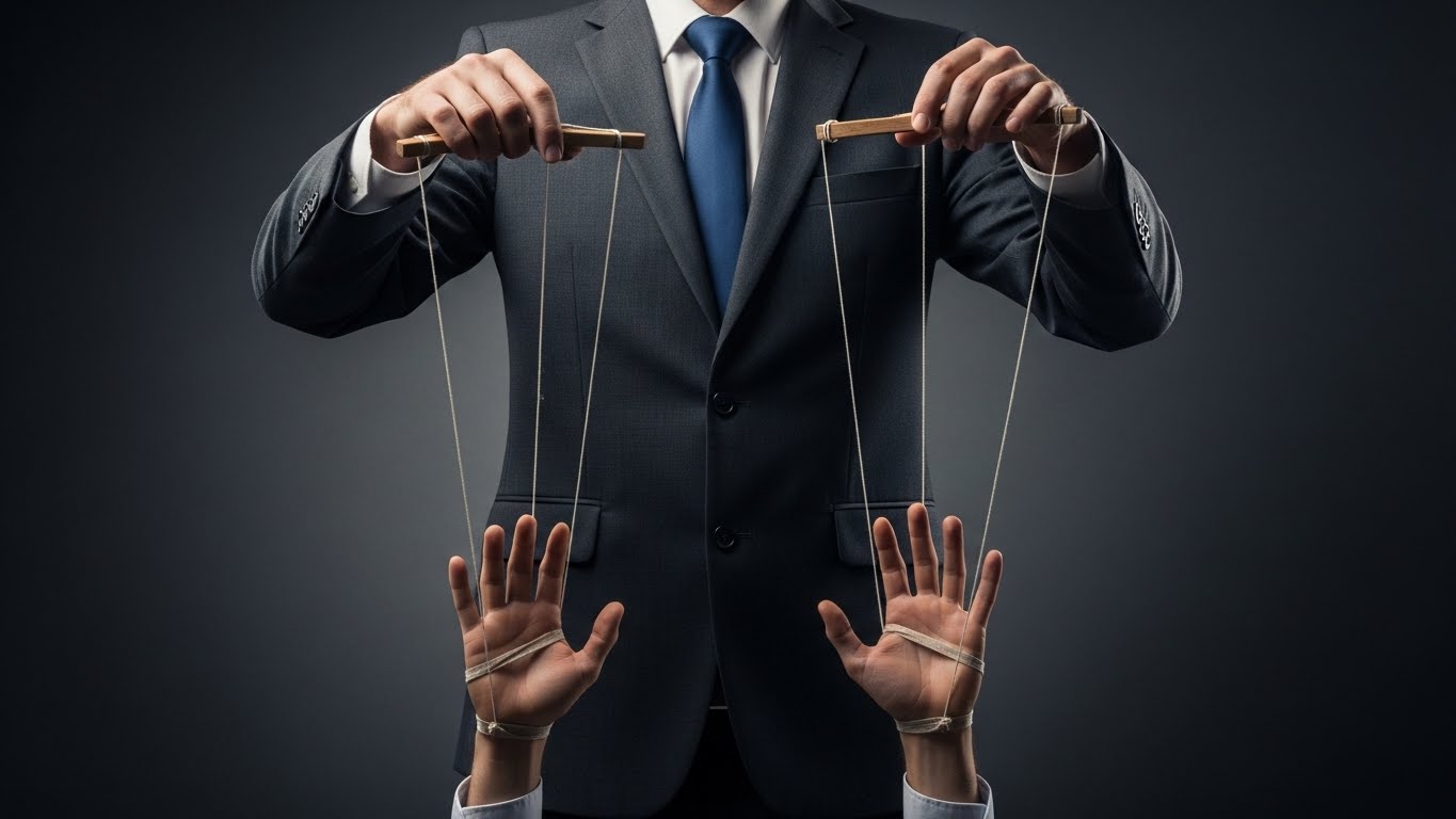 Businessman in a suit holding puppet strings attached to another person’s hands, visually representing micromanagement, control, and power imbalance in the workplace.