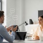 Man speaking and gesturing across a desk while a woman listens attentively in a modern office setting